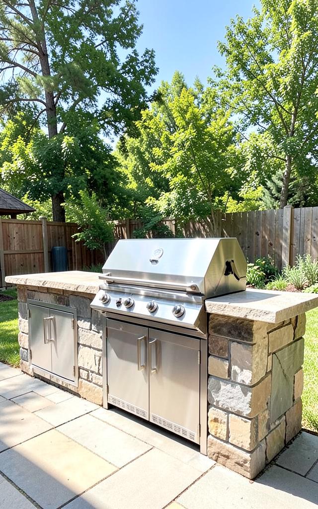 Outdoor kitchen with stone counter and grill