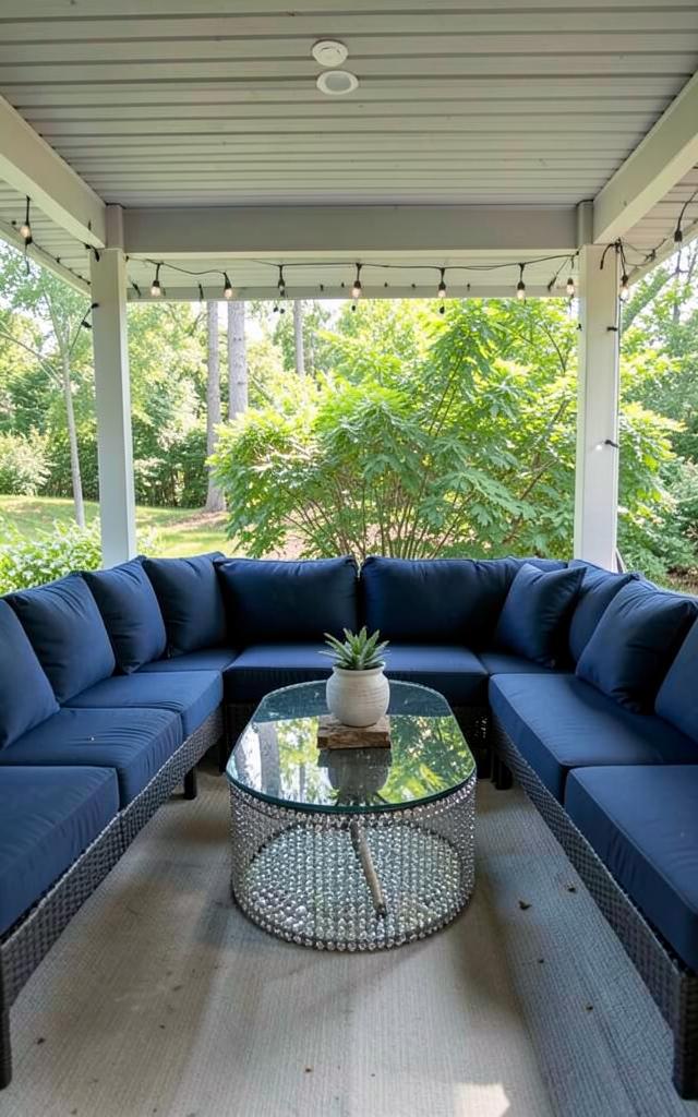 Covered patio lounge with fire table